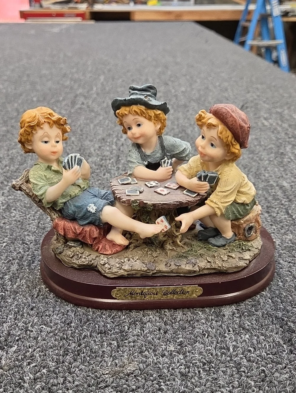 Three Boys Playing Cards Resin Figurine - Multicolor Decorative Accent